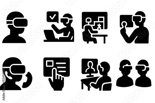 VR Tools Icons. Solid style icons of VR for freelancers: VR headset, virtual task, immersive workspace, 3D dashboard. Solid style