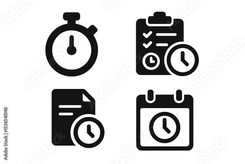 Time Management Icons. Solid style icons of time tracking: stopwatch icon, task timer, clock report, calendar hour. Solid style of