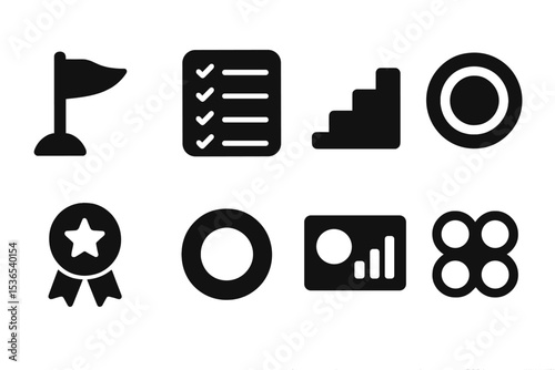 Icons of Achievement. Solid style icons of personal goals: flag icon, goal tracker, steps ladder, result dot. Solid style of