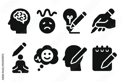 Creative Sketch Icons. Solid style icons of sketching for awareness: doodle mind, emotion line, idea sketch, therapy pen. Solid