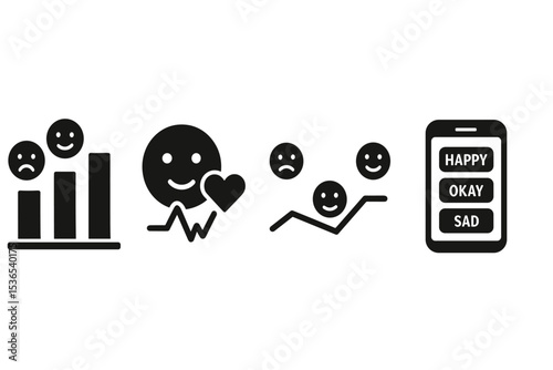 Emotion Tracker Icons. Solid style icons of emotion tracker: emotional bar graph, face with heart and graph icon, timeline with