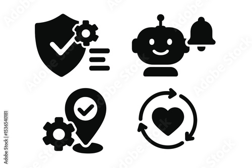 Care Automation Icons. Solid style icons of automation in care: smart task, reminder bot, auto check-in, routine loop. Solid style