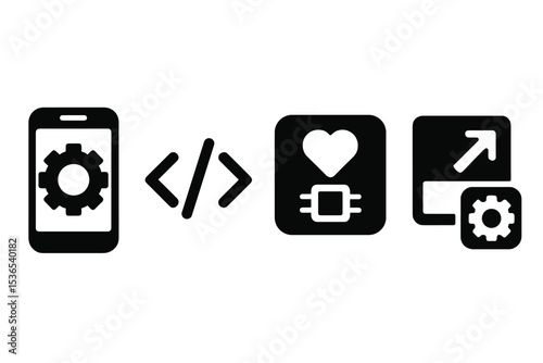 Care App Dev Icons. Solid style icons of development in care apps: gear screen, code tag, therapy API, build panel. Solid style of