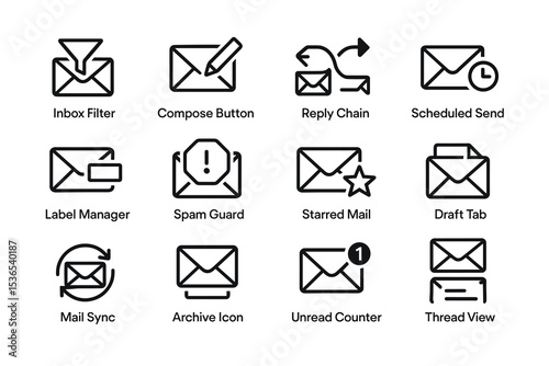 Email management icons: inbox filter, compose, reply, scheduled send, spam guard