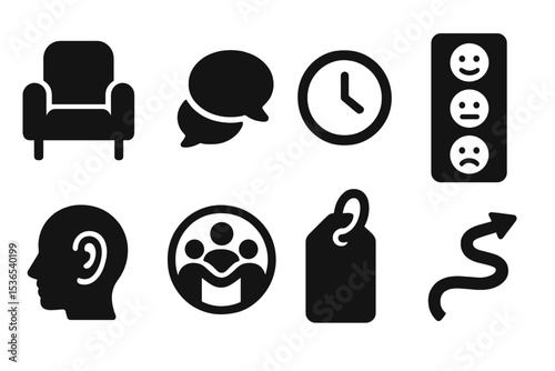 Therapy Icons Collection. Solid style icons of therapy and counseling: therapist chair, conversation bubble, session clock,