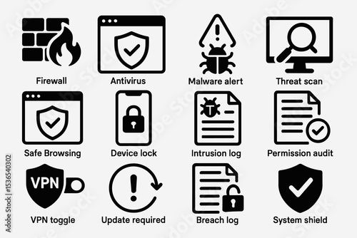 Cybersecurity icons: firewall, antivirus, malware, threat scan, vpn, system shield