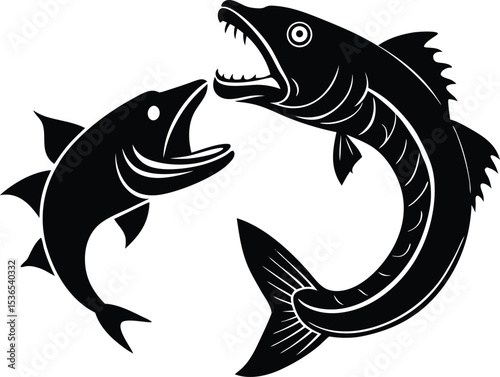 Predatory Fish Black and White Illustration of Two Fish in a Dramatic Pose
