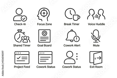 Icons for workplace management: check-in, focus, break, voice, and cowork features