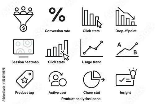 Product analytics icons: conversion, click, drop-off, trend, insight