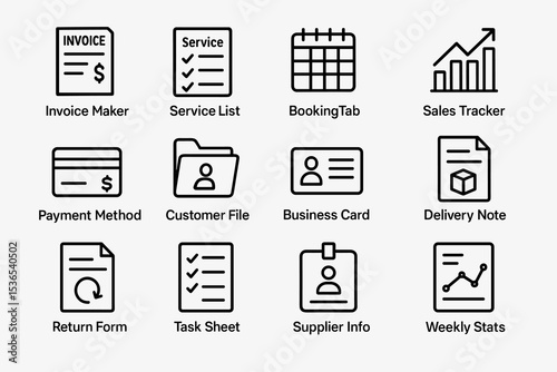 Collection of business icons featuring invoice maker and service list