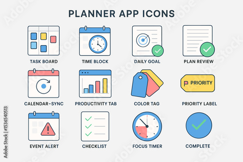 Planner app icons: task board, time block, checklist, and more for productivity