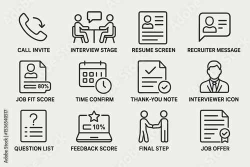 Job application process icons: interview, resume, feedback, final steps visualization