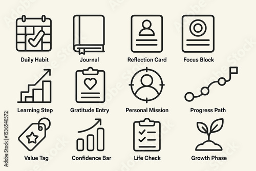 Minimalist icon set for personal development and productivity tools