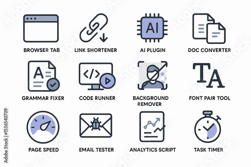 Icons of browser tab, ai tools, document converter, and email tester