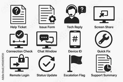 Help desk icons set: tech support, chat, connection, screen share, troubleshooting