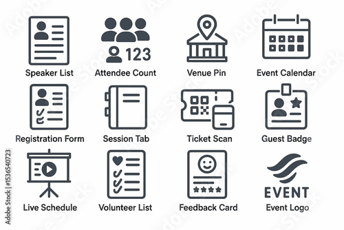 Event management icons set featuring registration form and venue pin
