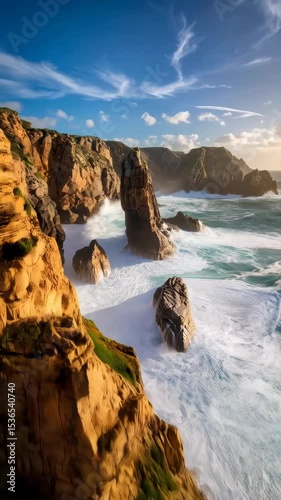 Dramatic seascape featuring rugged cliffs, rock formations, and crashing waves on a sunny day, showcasing the power and beauty of the ocean.