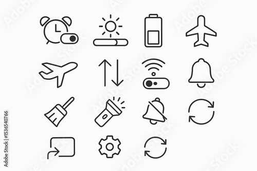 Minimalist icon set featuring everyday symbols for technology and travel