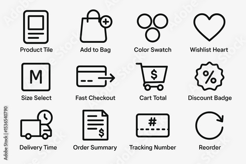 E-commerce icons: shopping bag, wishlist, checkout, delivery, reorder