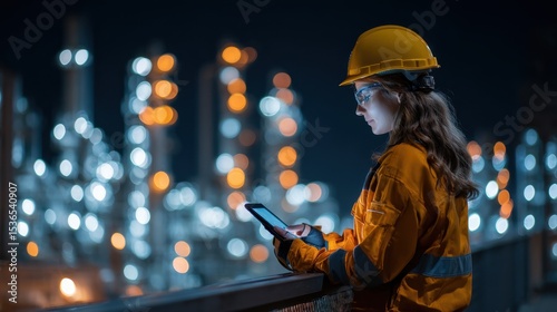 Female Petrochemical Engineer Working at Night Plant

