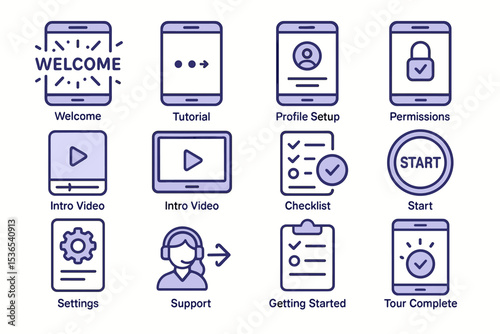 Welcome tutorial and profile setup icons for app navigation and user support