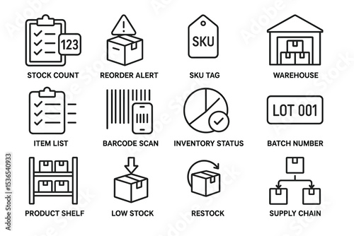 Inventory management icons: stock count, reorder, sku, warehouse, supply chain