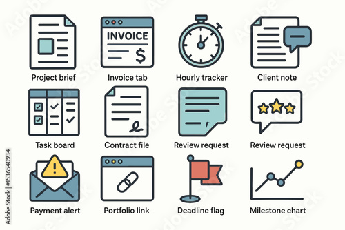 Colorful icons for project management: invoice, tracker, task board, alert, portfolio