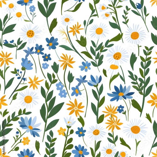Seamless flat pattern of Nordic wildflowers and leaves on white