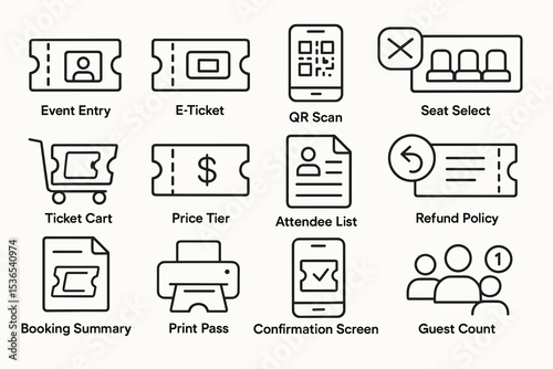 Event ticketing icons for e-ticket, qr scan, seat select, booking summary, and print pass