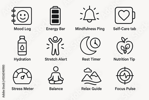 Minimalist wellness app icons for mood, energy, mindfulness, and self-care