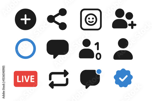 Social media icons: live streaming, sharing, and interaction symbols illustration