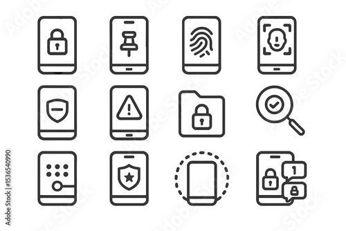Set of mobile security icons including lock, fingerprint, and face recognition