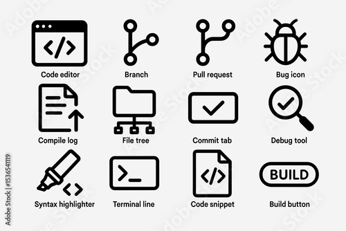 Programming icons: code editor, bug icon, debug tool, syntax highlighter, build button