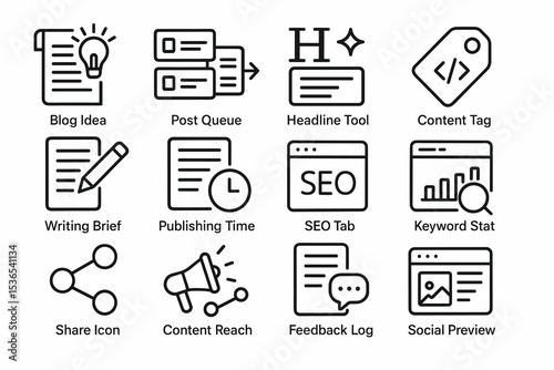 Blog tools and seo icons: content tag, share icon, keyword stat, social preview