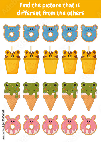 Logical games, educational activities for kids. Learning games for preschool, kindergarten. Find different picture. Printable worksheets, teacher resources. Training focus, attention, concentration.