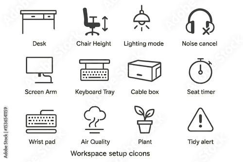 Workspace icons for desk setup with chair, lighting, and accessories