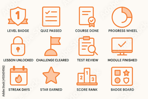 Gamified learning icons: badges, quizzes, challenges, and progress tracking symbols