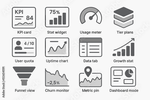 Dashboard icons for data analysis: kpi, stats, meter, plans, charts