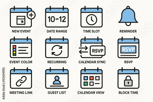 Calendar icons: date range, time slot, reminder, rsvp, meeting link, guest list, block time