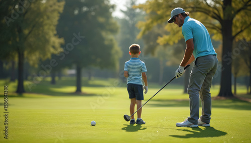 Father teaching young son play golf on green course. Man show boy how hit ball. Family activity at sunny day, sport outdoor, healthy lifestyle, summer vacation.