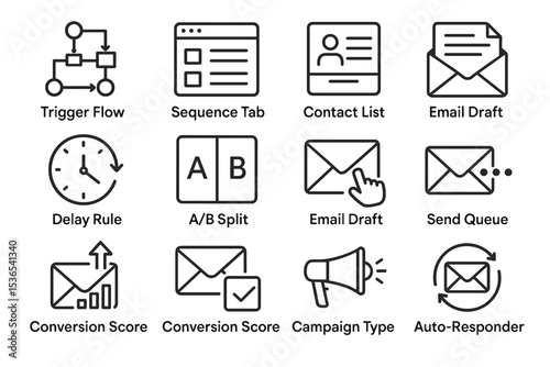 Set of black and white linear icons for email marketing and workflow management