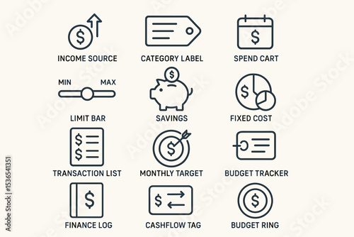 Financial planning icons collection: budget, savings, expense tracking, income, finance management