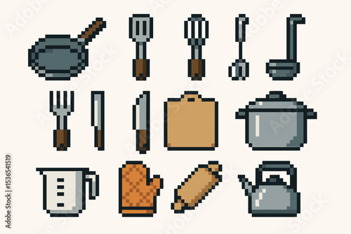 Pixel art kitchen utensils and cookware collection