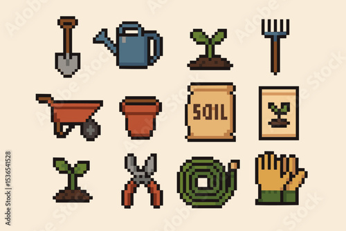 Pixel art gardening tools and plants