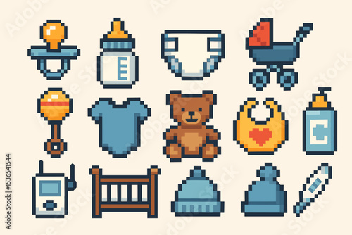 Pixel art baby essentials: toys, accessories, and nursery items in retro style