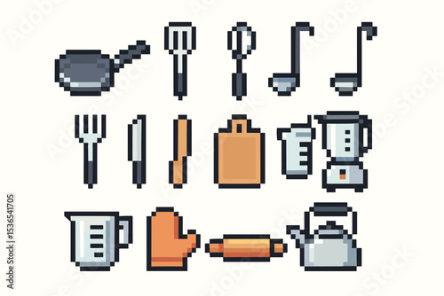 Pixel art kitchen utensils: pan, cutting board, blender, kettle, mitt, knife, ladle
