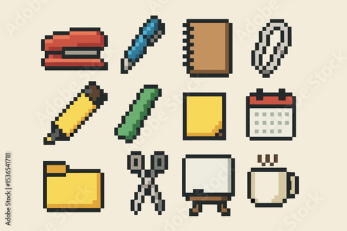 Pixel art office supplies: stapler, pen, notebook, scissors, mug, more