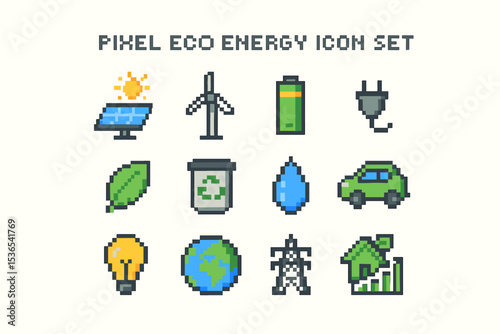 Pixel eco energy icon set featuring solar, wind, battery, and more