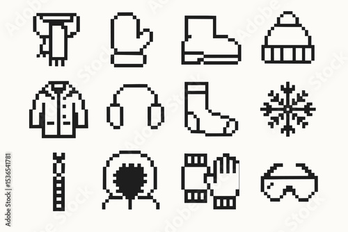 Pixel art winter clothing icons: scarf, mittens, boots, hat, jacket, earmuffs, socks, snowflake, ski gear