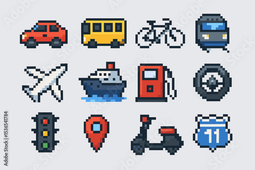 Pixel art transportation icons: car, bus, bicycle, train, and more